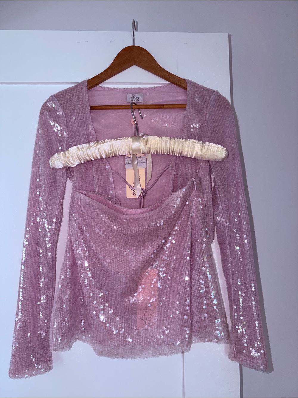 Oh Polly Dusty Pink Sequin Long Sleeve Blouse and skirt